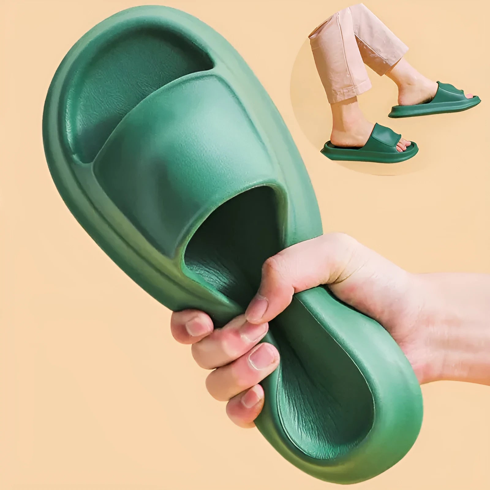 Thick-soled EVA flip-flop slippers in multiple colours on a bathroom floor, showing non-slip sole texture.