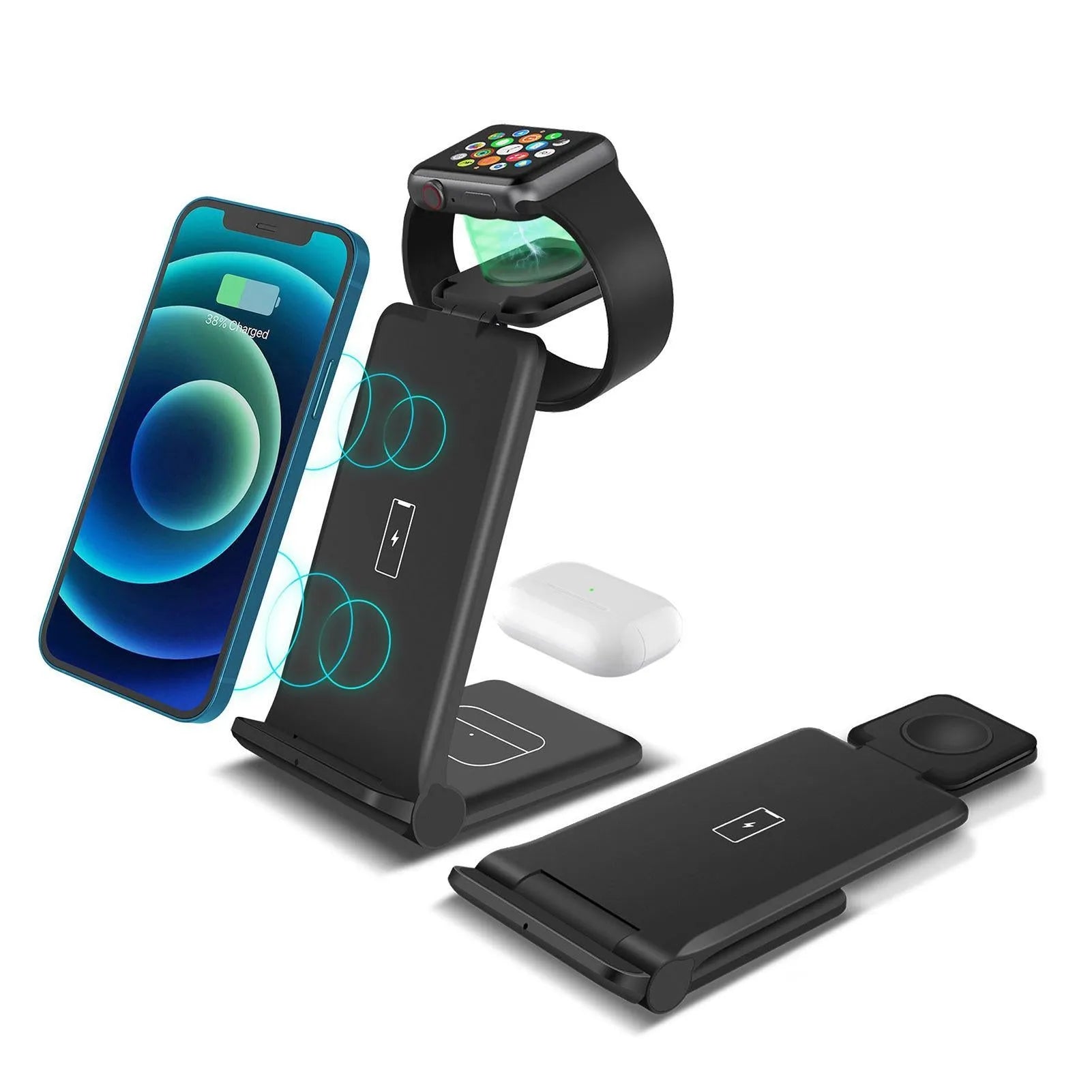 White 3-in-1 foldable wireless charging station showing iPhone, AirPods, and Apple Watch charging simultaneously