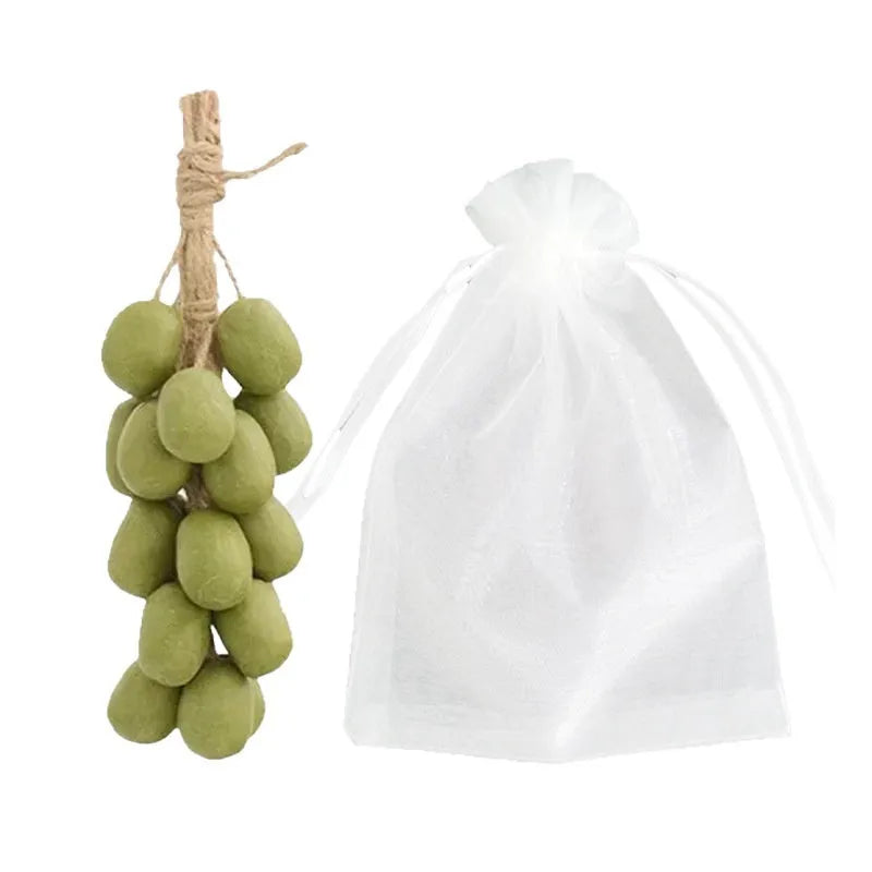 Grape handmade soap bars in black, green, purple and litchi variants showing mesh bag, gift box and long case packaging.