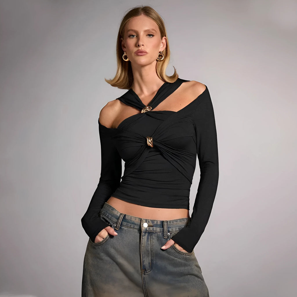 Black women's halter neck long sleeve slim fit top on a hanger.