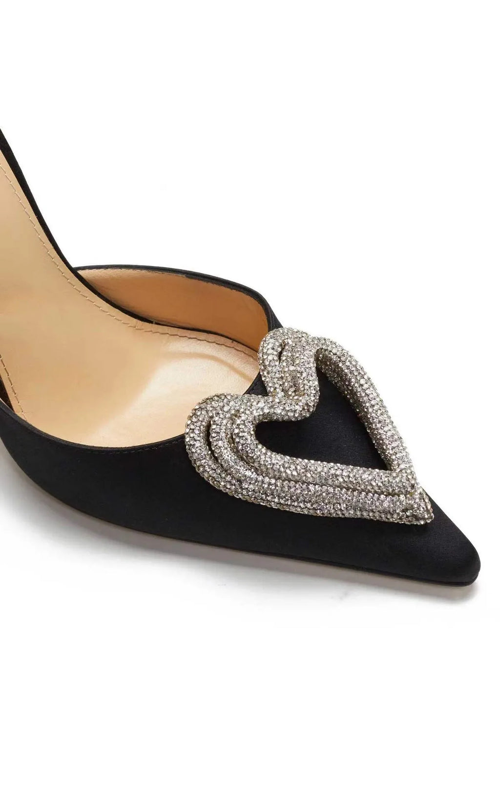 Women's black satin sandal with pointed toe, heart rhinestone, and strappy cross belt design.