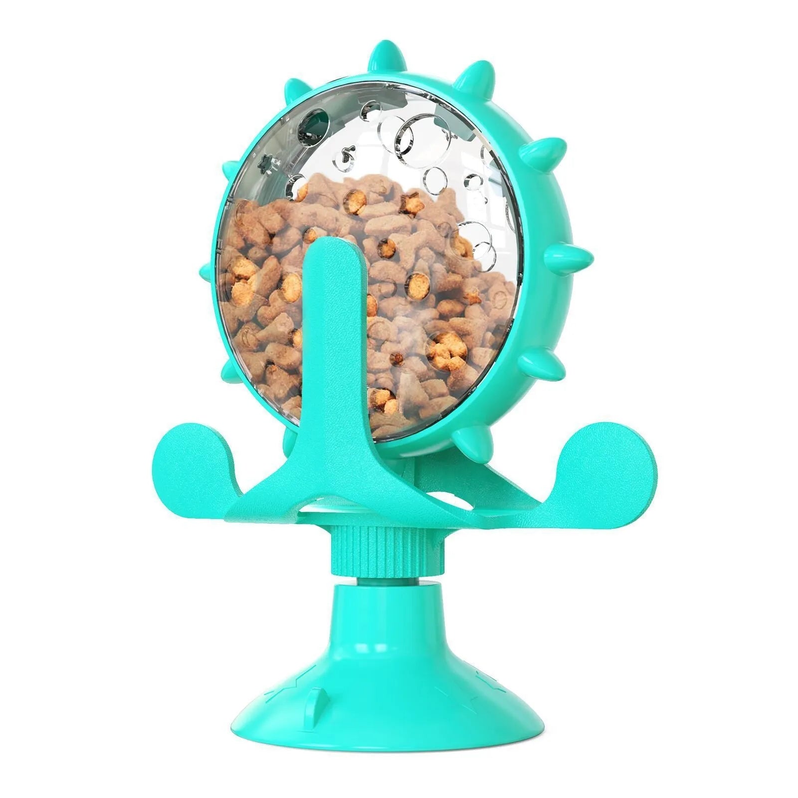 Interactive pet puzzle feeder toy with spinner and suction cup base in assorted colours