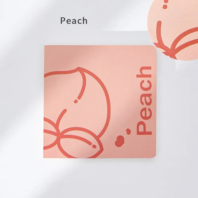 Square notebook with colour embossed fruit cover or white design, showing 14.5cm sides and 80g paper pages.