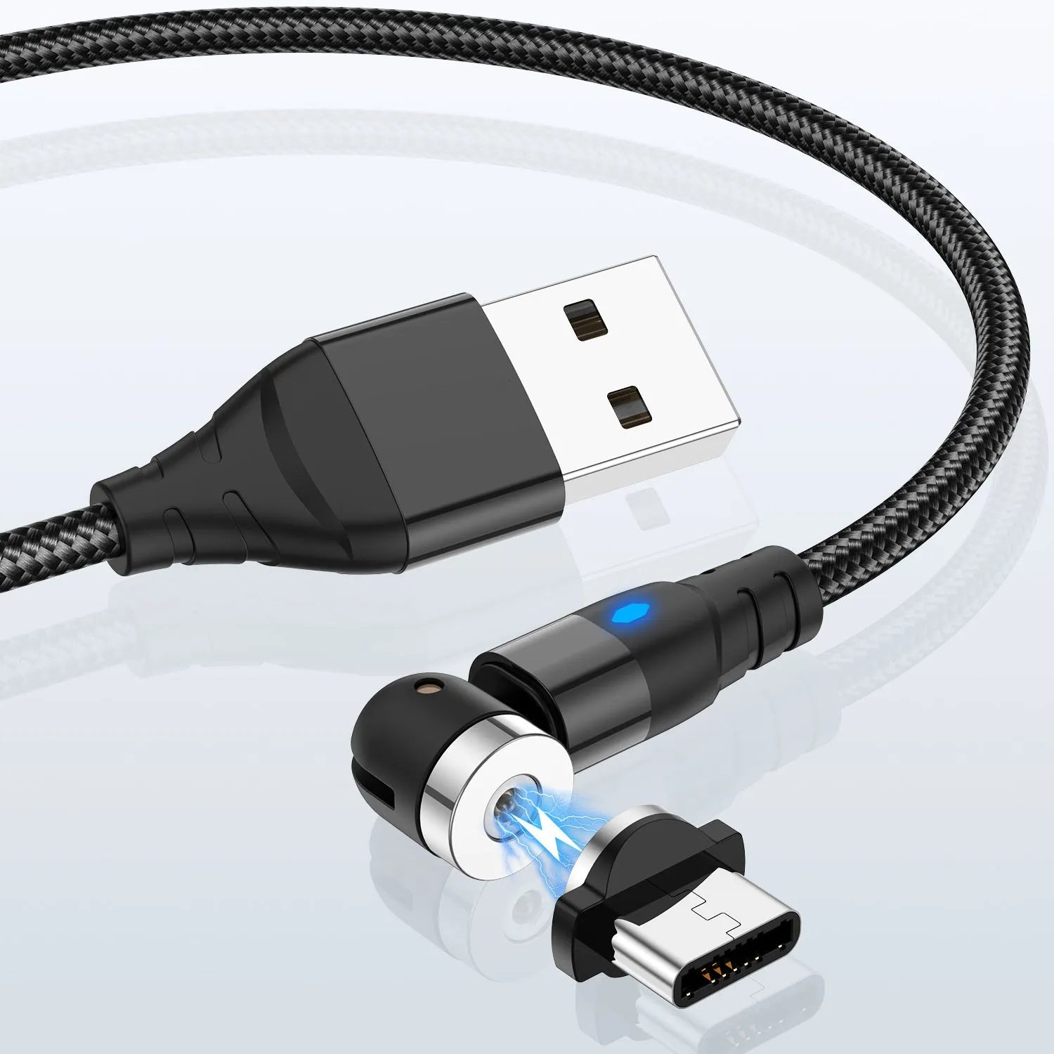 Magnetic charging cable with LED light indicator in various colours showing magnetic connection heads