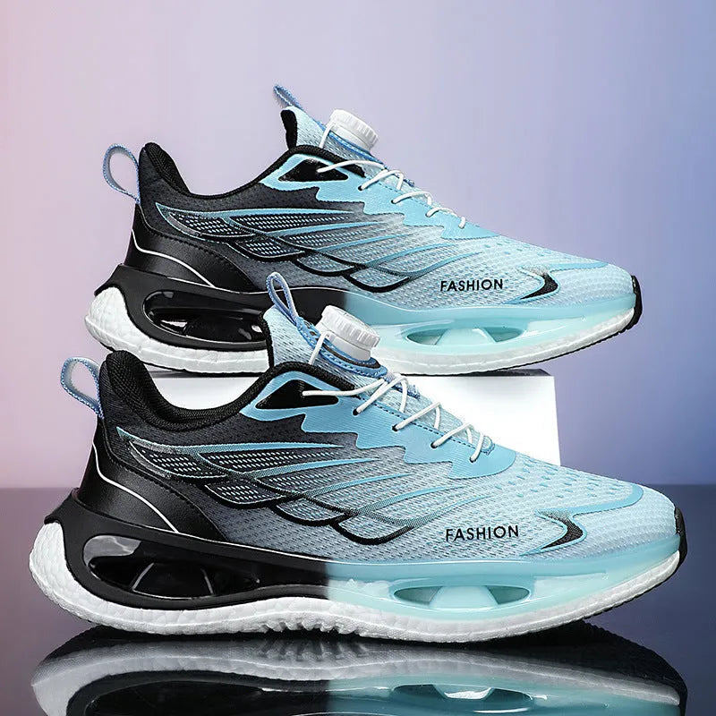 Men's low-top sneakers with a rotating button fastening, shown in light blue mesh and black leather options.