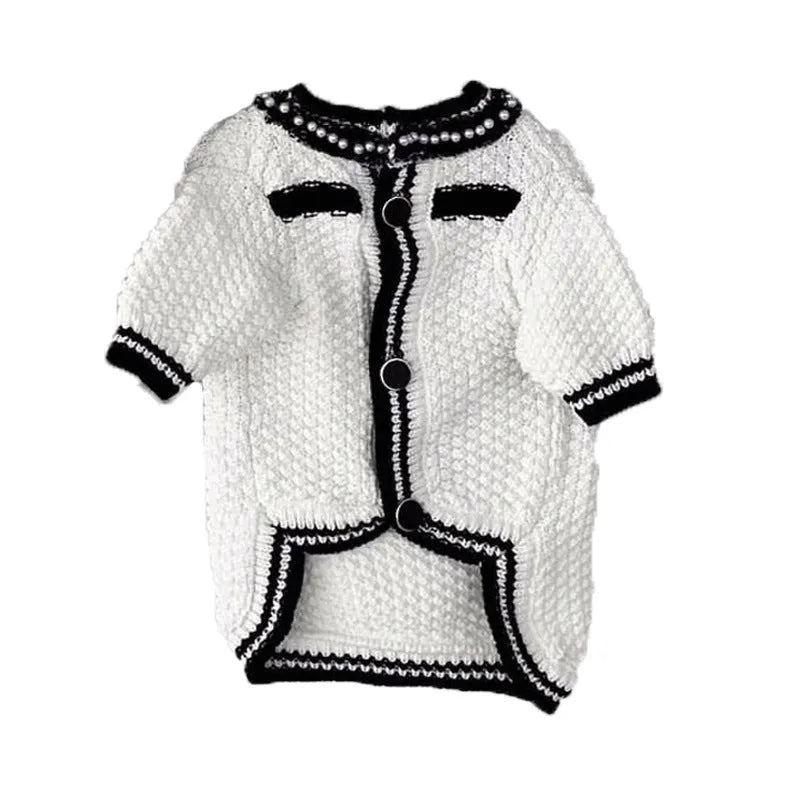Korean style white dog sweater with pearl collar decoration on small breed dog