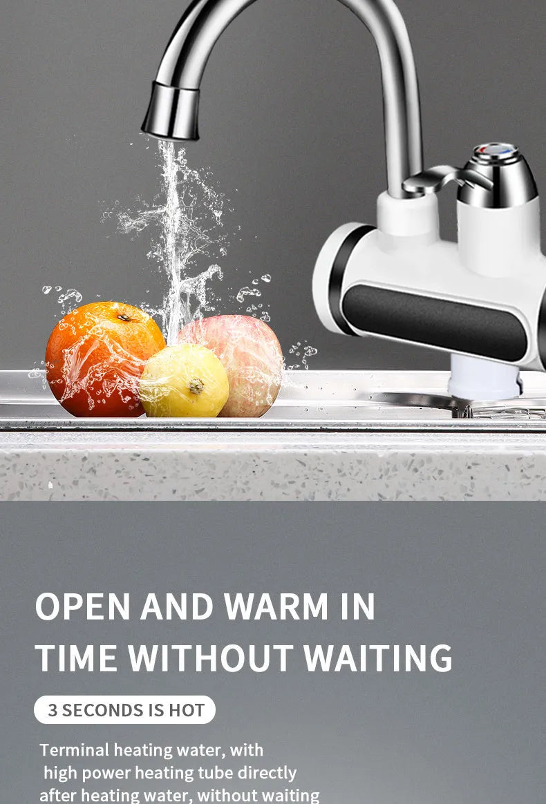 White kitchen electric water heater tap with digital temperature display and instant heating function