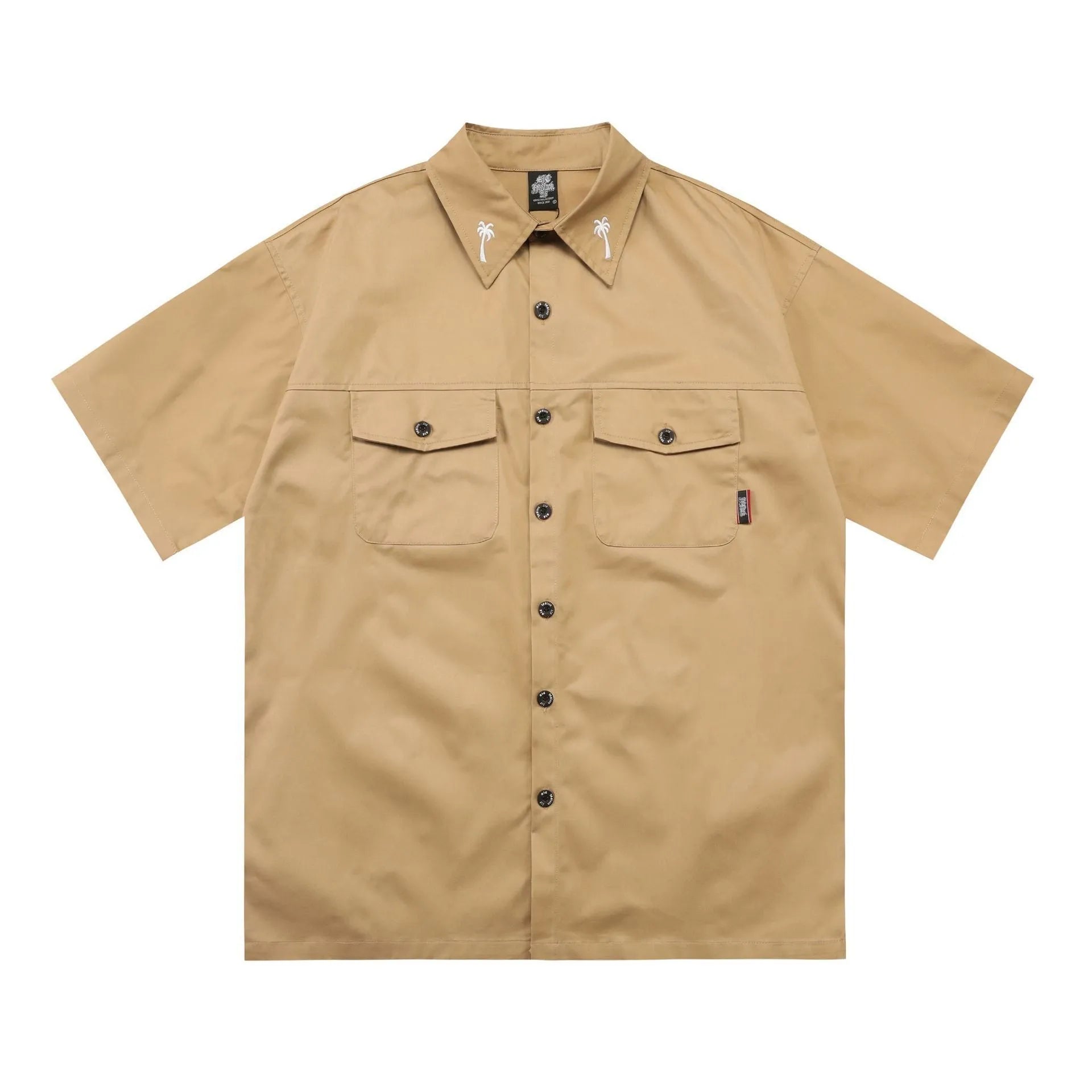 Men's black cotton blend half-sleeve shirt with a chest pocket and loose fit.