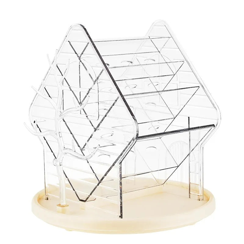 360-degree rotating cosmetics storage box in amber gold or clear plastic for makeup organisation