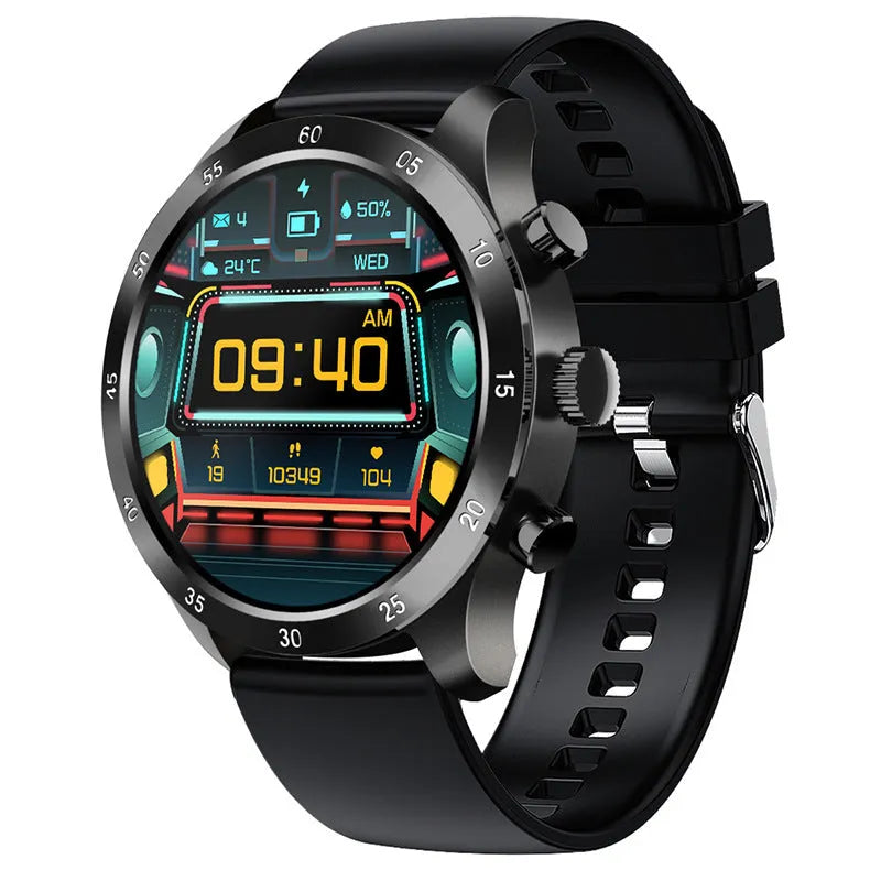 Black smart watch with touch screen display on a steel link bracelet, showing call interface.