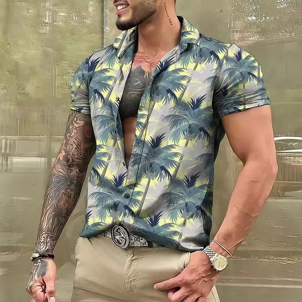 Men's short sleeve floral print shirt with loose cardigan styling in polyester fabric