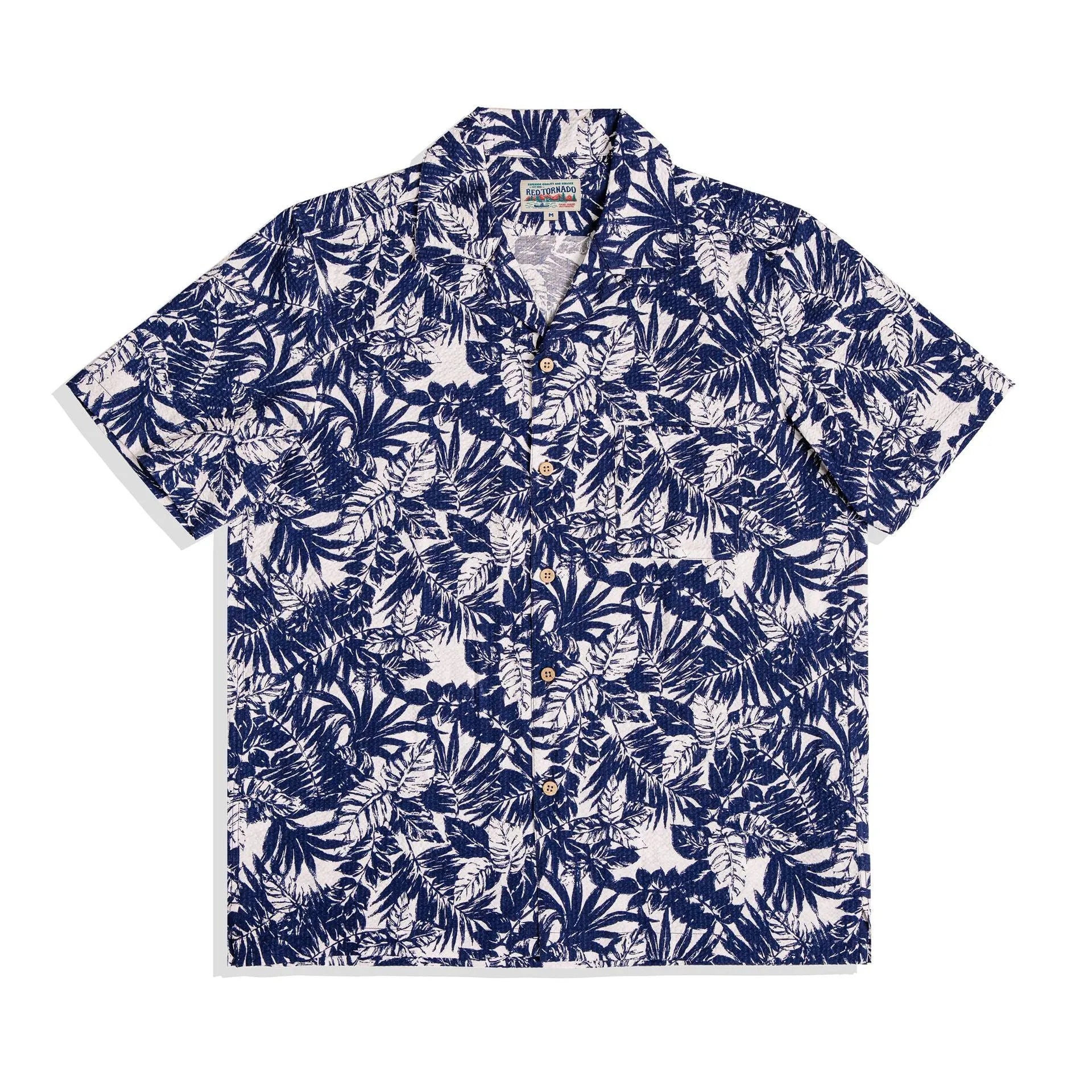 Vintage floral print seersucker Cuban collar shirt in T184 green colour option showing loose fit design