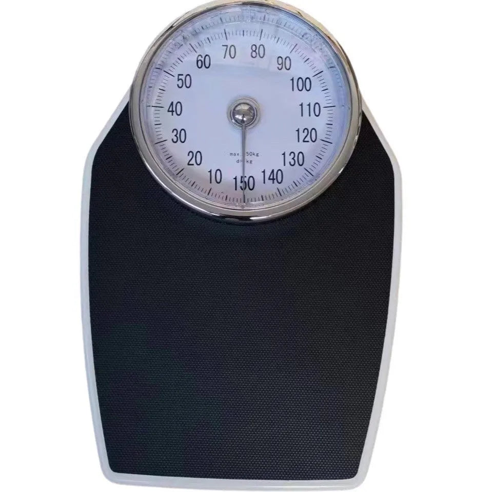 Black mechanical body weight scale with large dial measuring 47x35x11cm