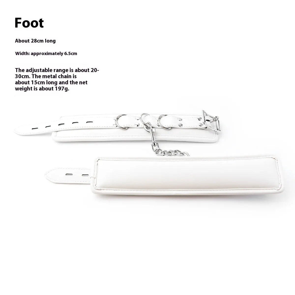White PU sponge bondage set showing handcuffs, footcuffs, and a neck scarf laid out.