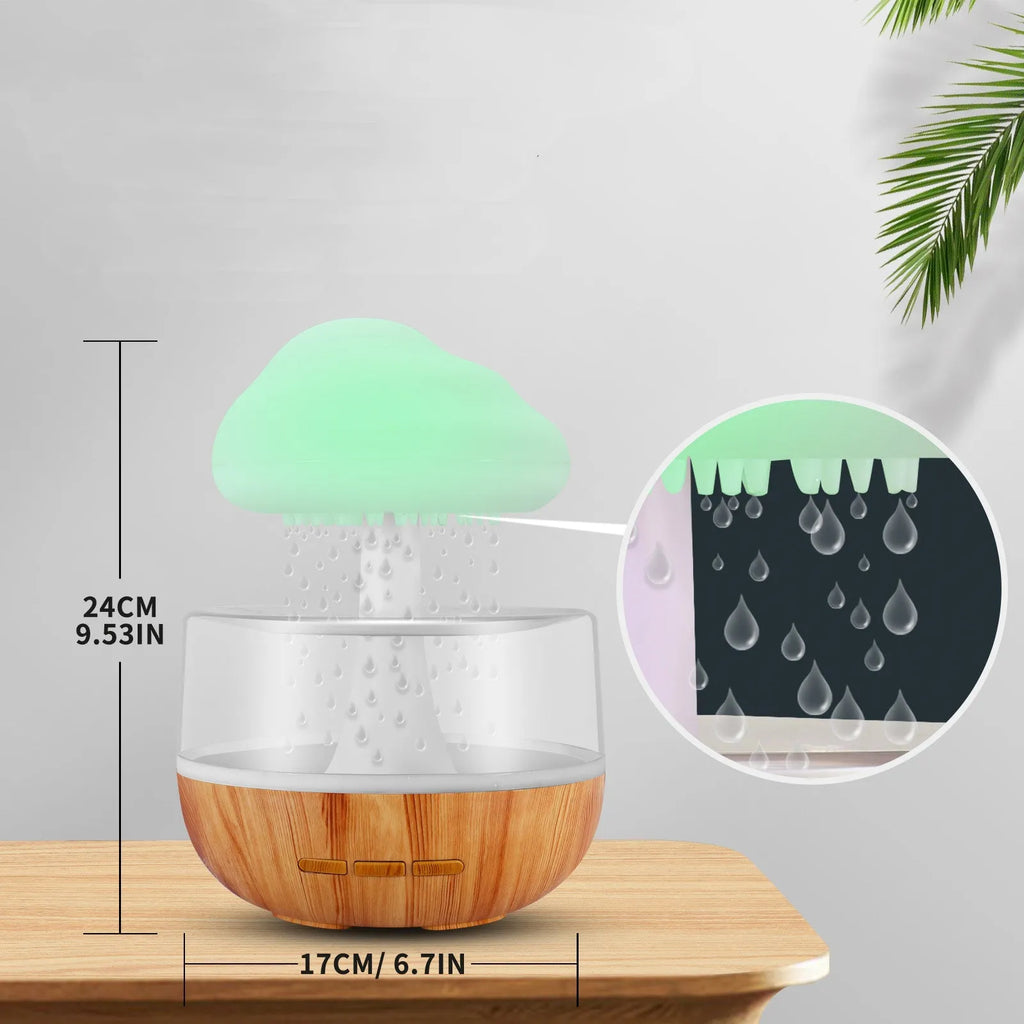 White raining cloud shaped humidifier with colour changing lights and water drop aromatherapy function