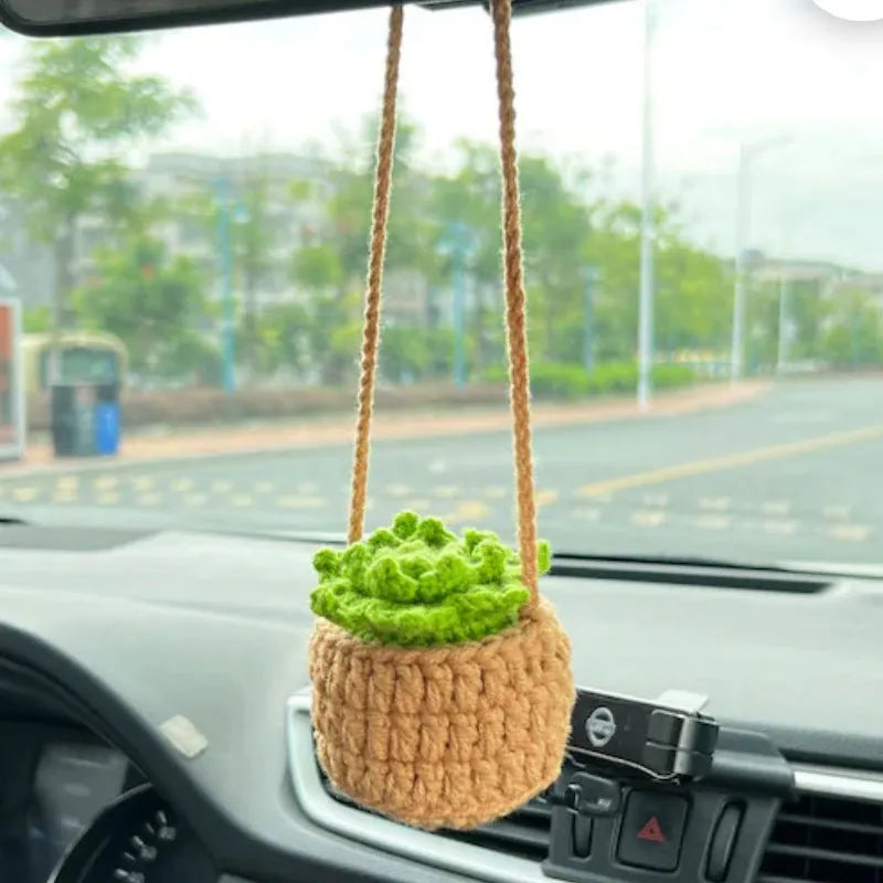Green and white knitted wool car plant decoration with 25cm hanging rope