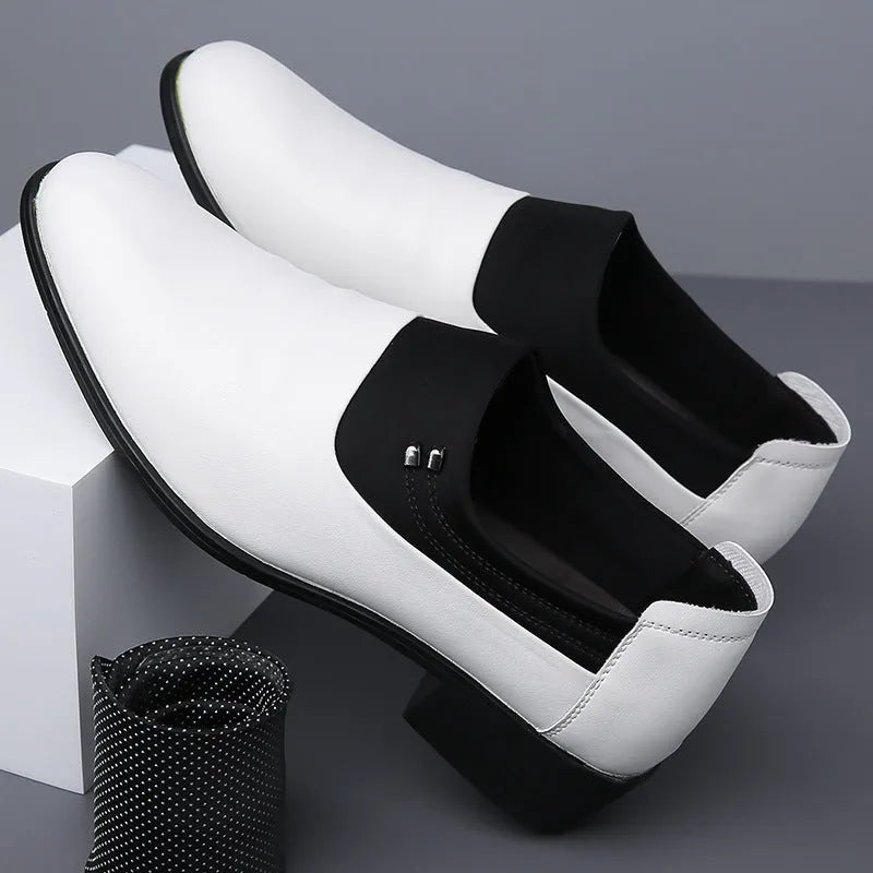 Men's business leather pointed toe pumps in white with low-top PU upper and rubber sole