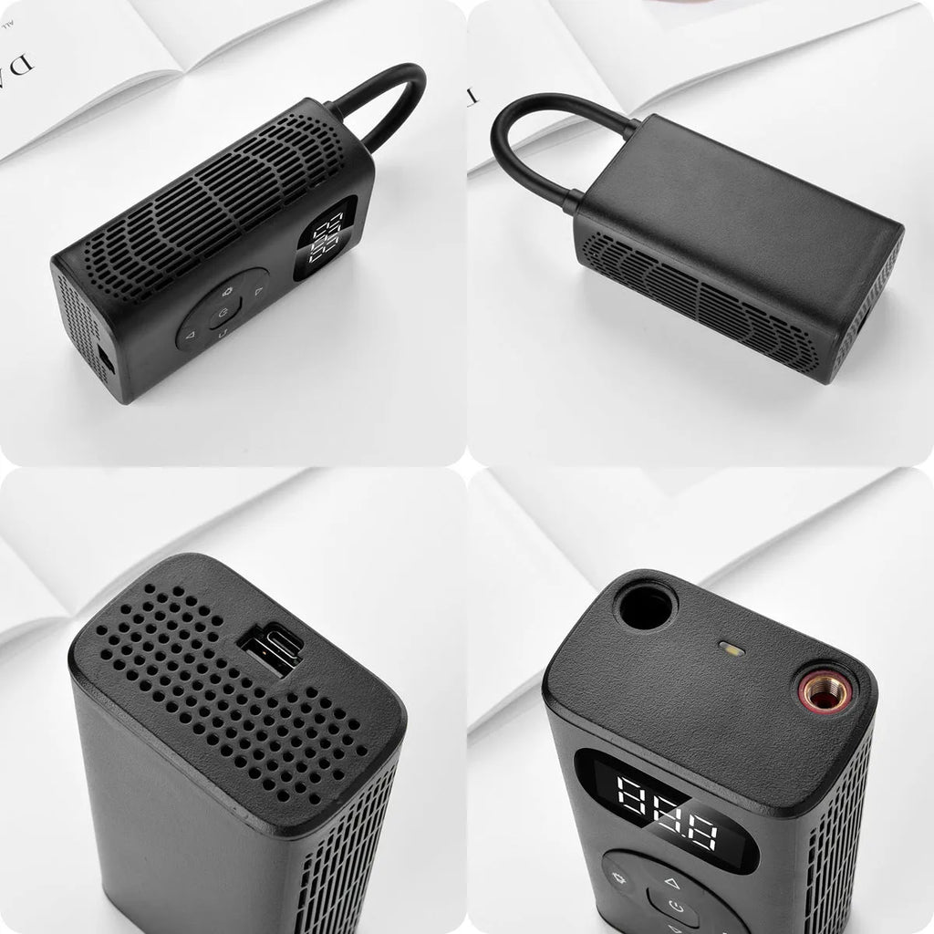 Black aviation aluminium portable tyre inflator with USB cable and flexible hose for car and motorcycle tyres.