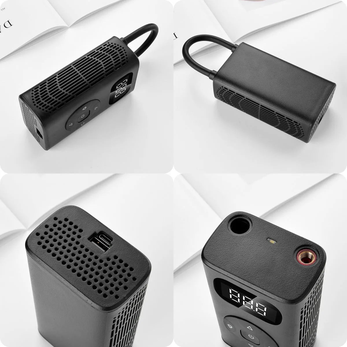 Black aviation aluminium portable tyre inflator with USB cable and flexible hose for car and motorcycle tyres.