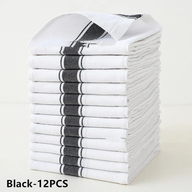Set of twelve cotton dishwashing towels in striped pattern, each measuring 48 by 70 centimetres.