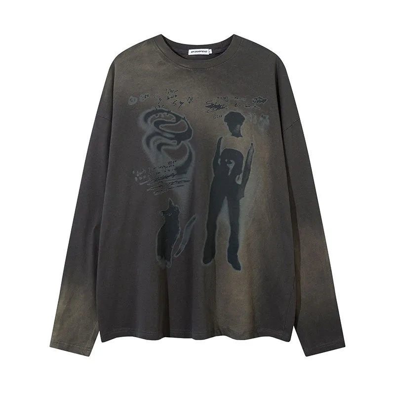 Cotton loose pullover top with drop shoulder sleeves and letter pattern in dark grey colour