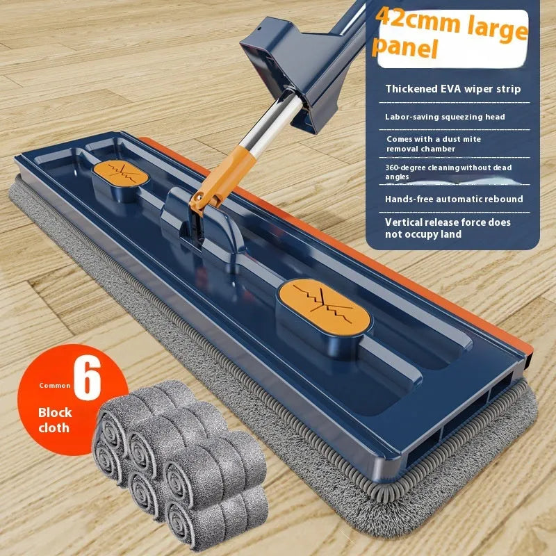 Large flat mop with long stainless steel handle and blue cleaning cloth on hard floor