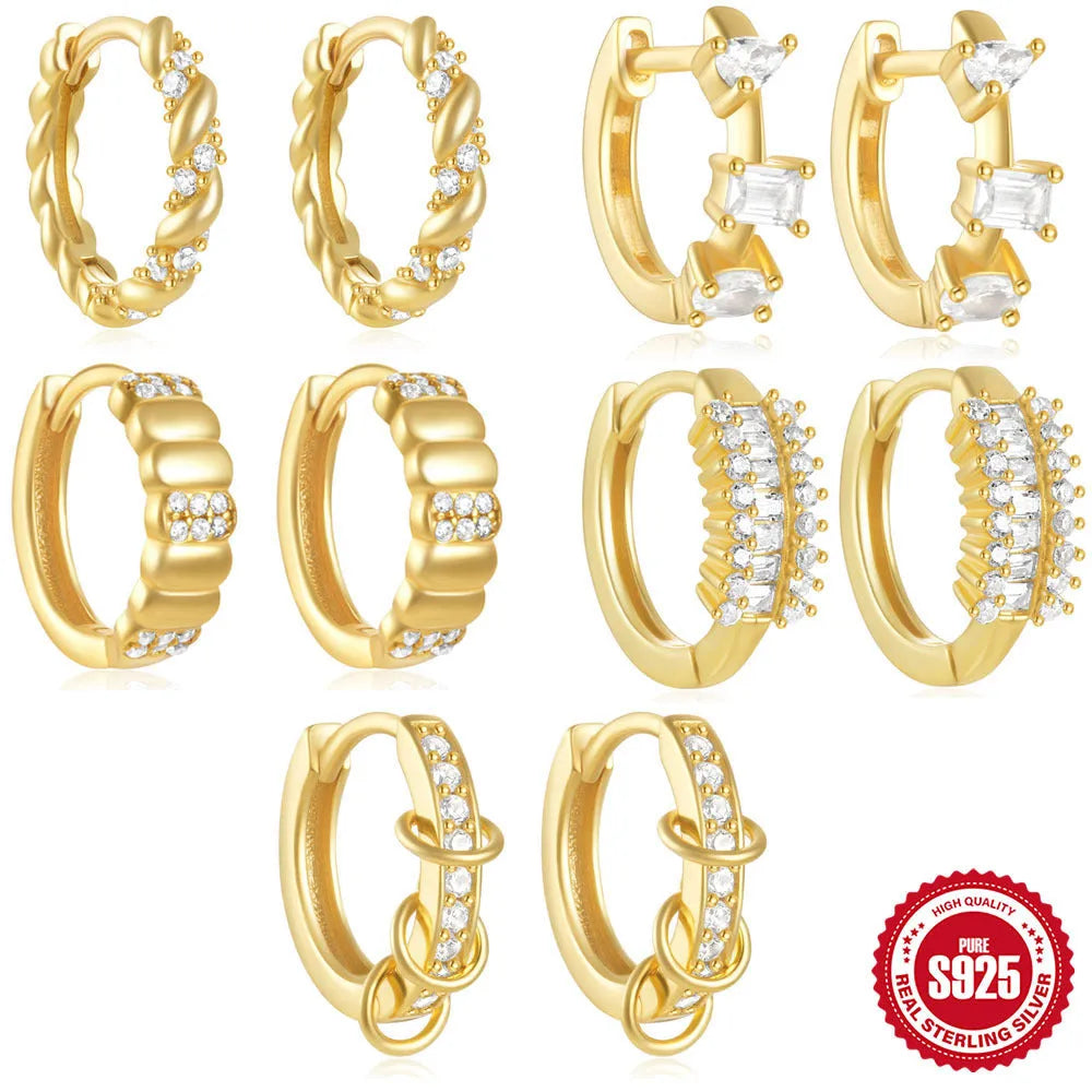 Sterling silver geometric stud earrings with small round designs in gold or silver electroplated finishes