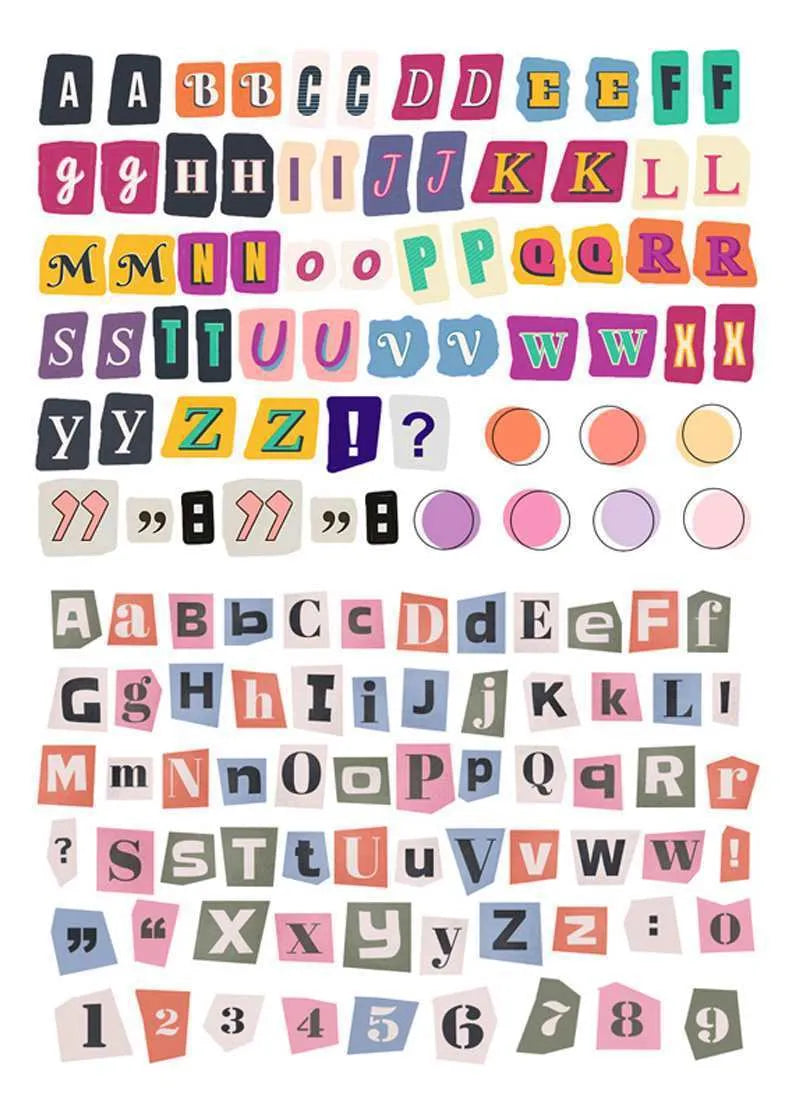 Set of printed English letter, number, and weekly word decoration stickers in assorted colours, laid out flat.
