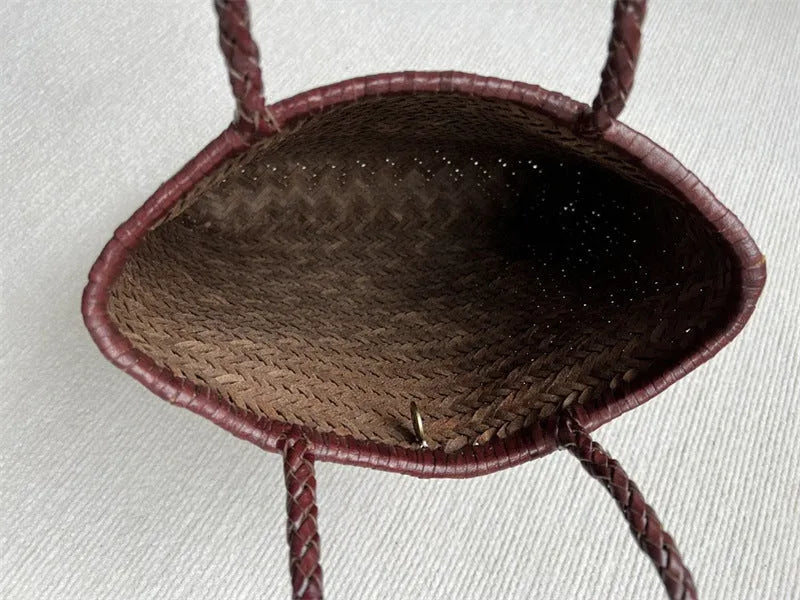 Brown woven genuine cowhide leather tote bag with three-dimensional pockets