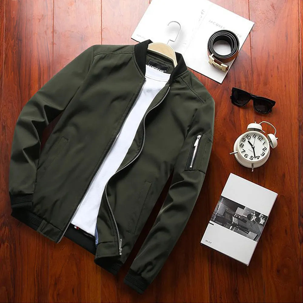 Men's slim-fit red casual baseball jacket with front zipper and side pockets.