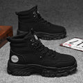 Men's black Martin work boots with mid heel and artificial PU upper material