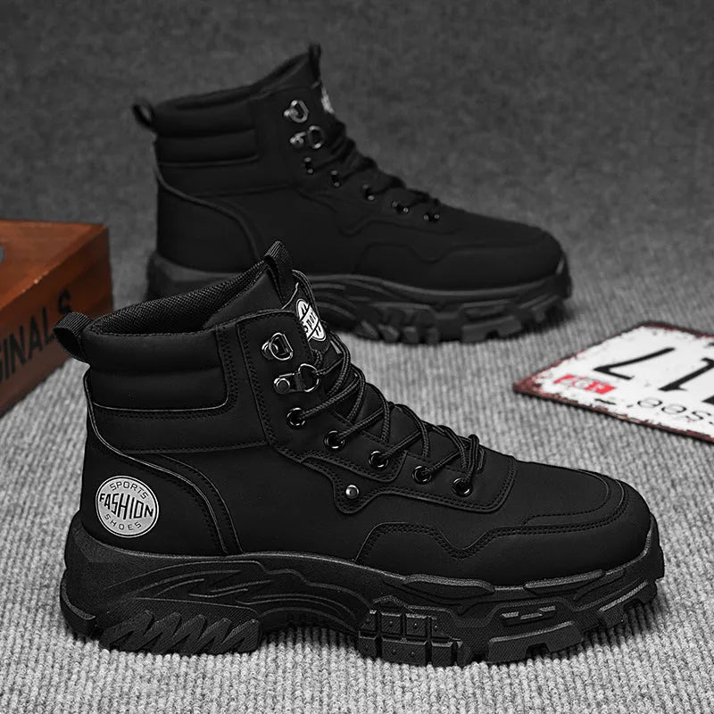 Men's black Martin work boots with mid heel and artificial PU upper material