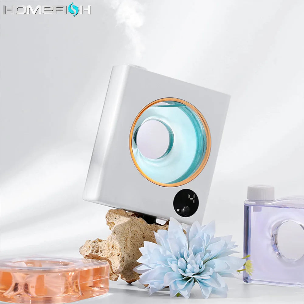 Small white automatic aromatherapy machine with wall-mounted design showing dimensions