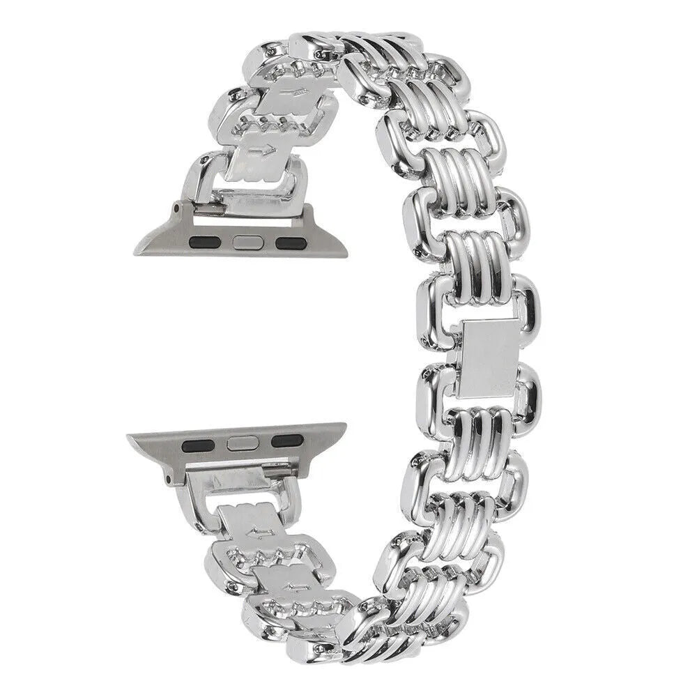 Silver alloy metal link bracelet for Apple Watch on a wrist.