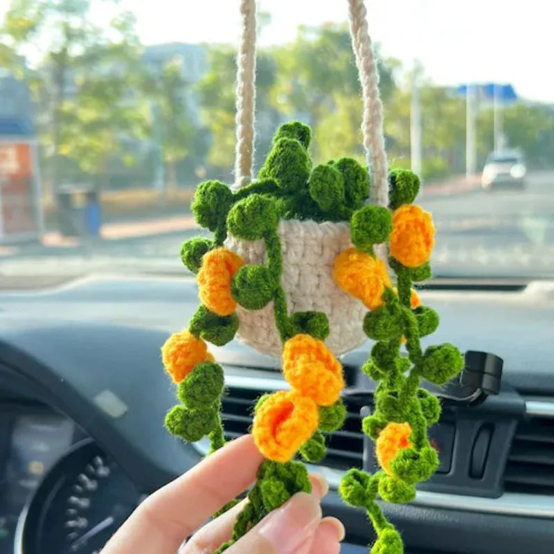 Green and white knitted wool car plant decoration with 25cm hanging rope