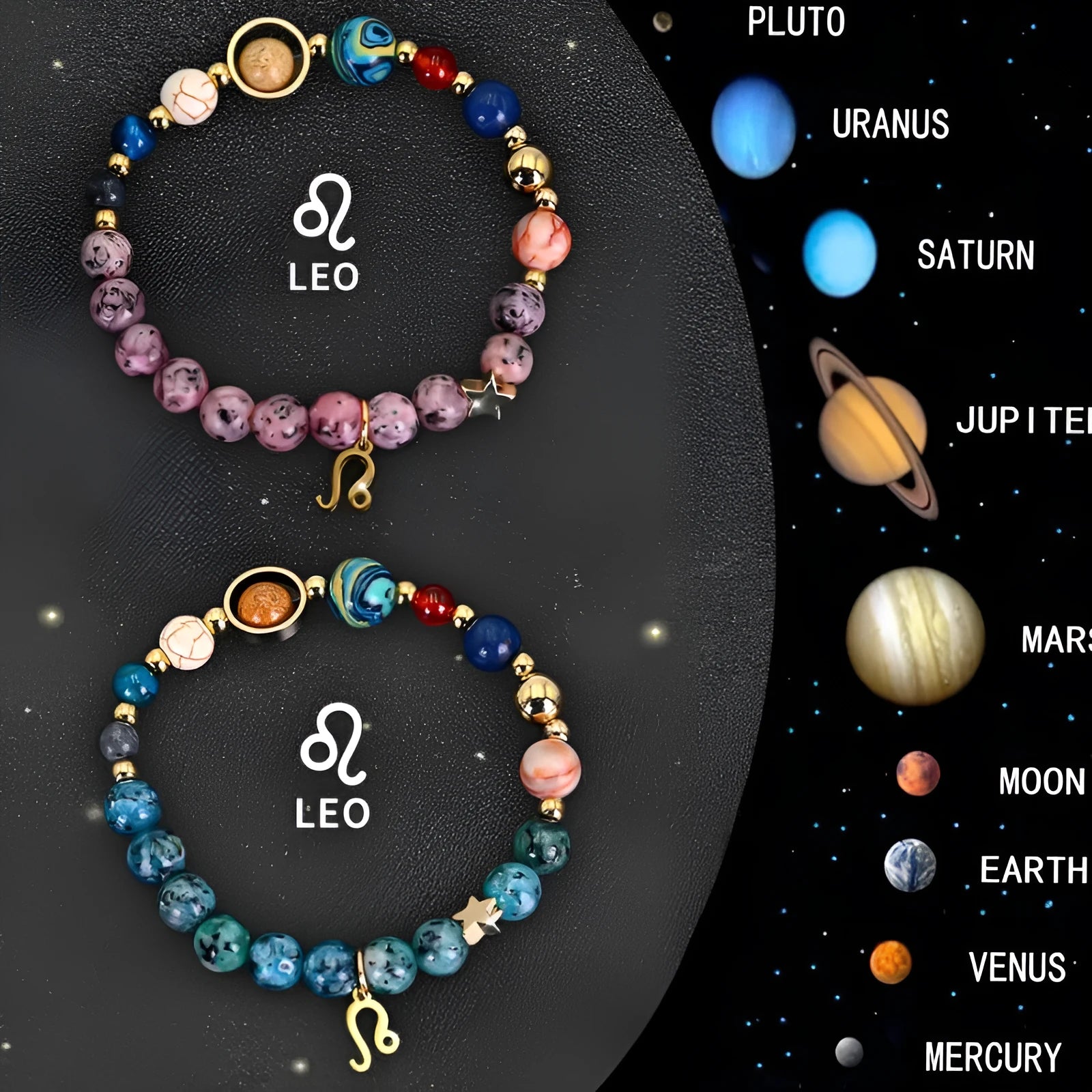 Natural stone zodiac beaded bracelet set showing twelve different sign designs with colourful crystal beads on adjustable cords