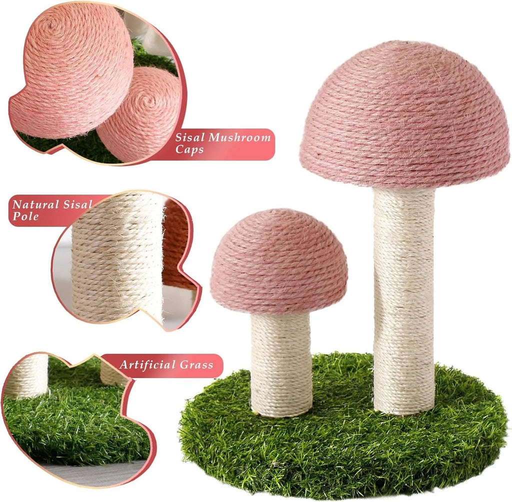 Pink mushroom-shaped cat scratching post made from natural sisal fibre with sturdy base for small cats