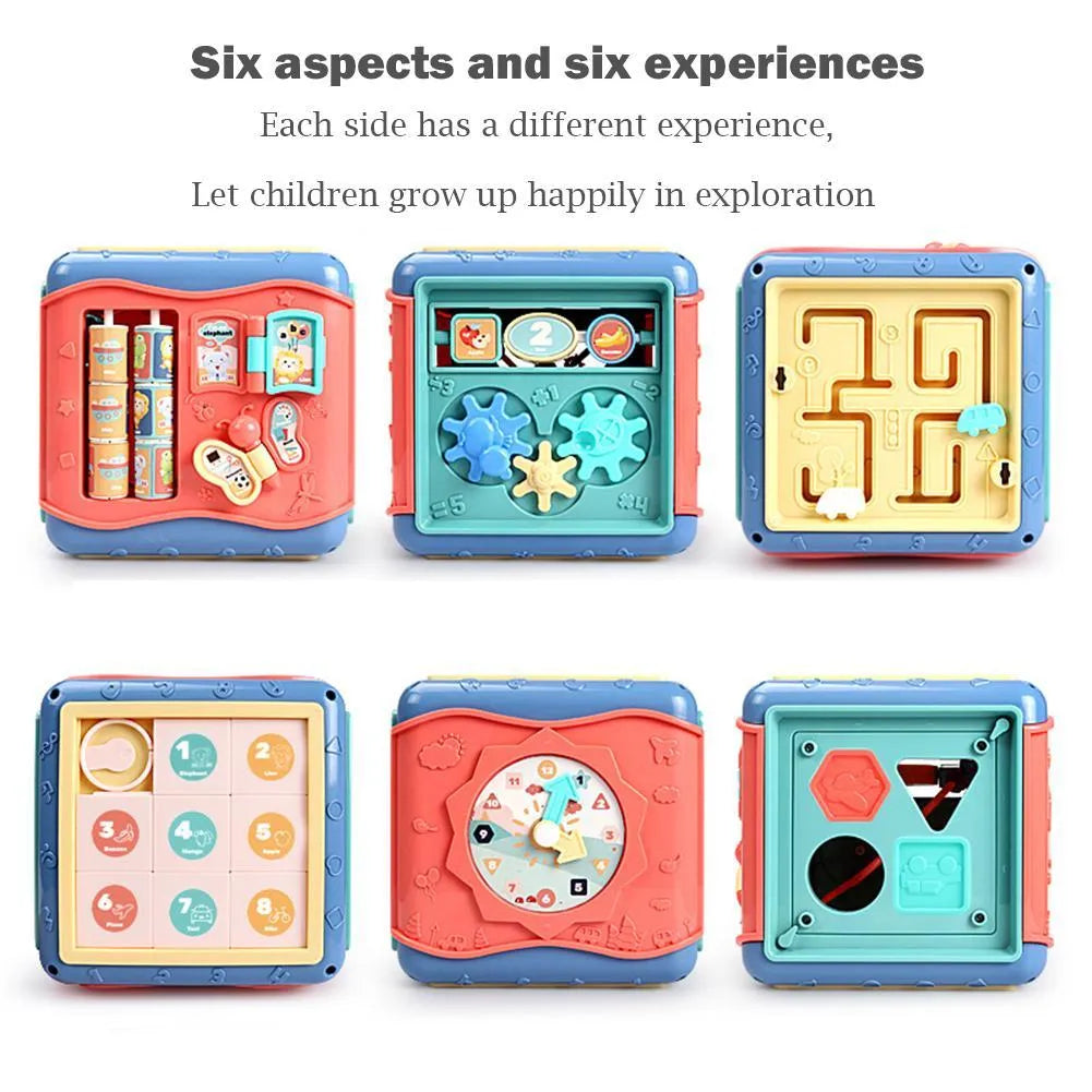 17cm hexahedron educational toy cube showing bead maze, gear connections, and clock face activities