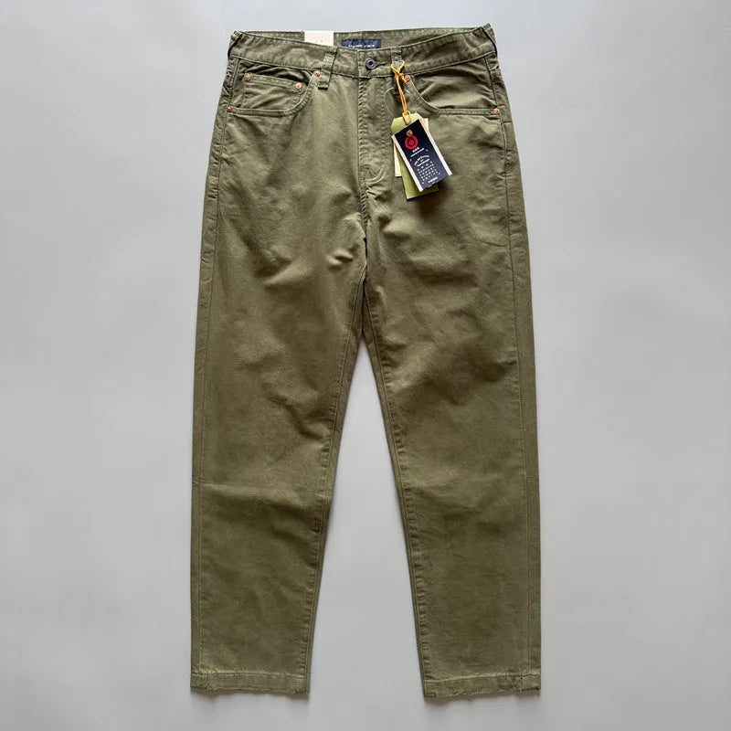 Men's straight-leg casual cotton trousers in army green, shown laid flat.