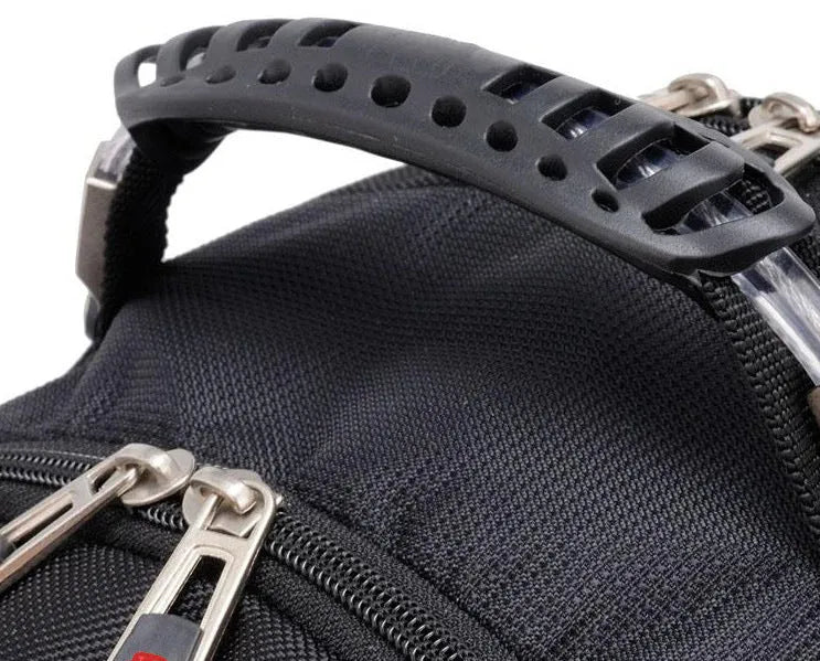 Black business computer backpack with multiple compartments open, showing laptop sleeve and organiser pockets