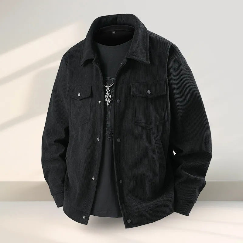 Men's slim fit black casual coat with ruffle detail, made from Lycra fabric