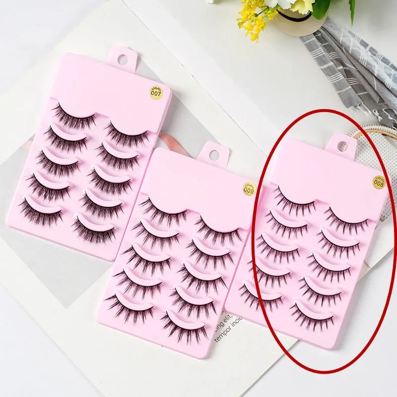 Set of 5 pairs natural wispy false eyelashes with black plastic base for Korean makeup and cosplay.