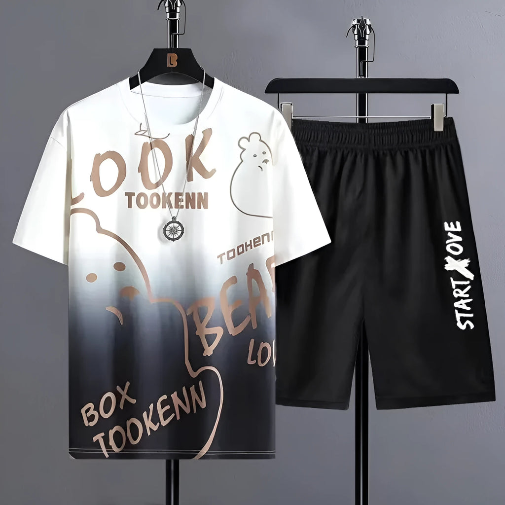 Men's summer ice silk suit set with short sleeve jacket and matching shorts