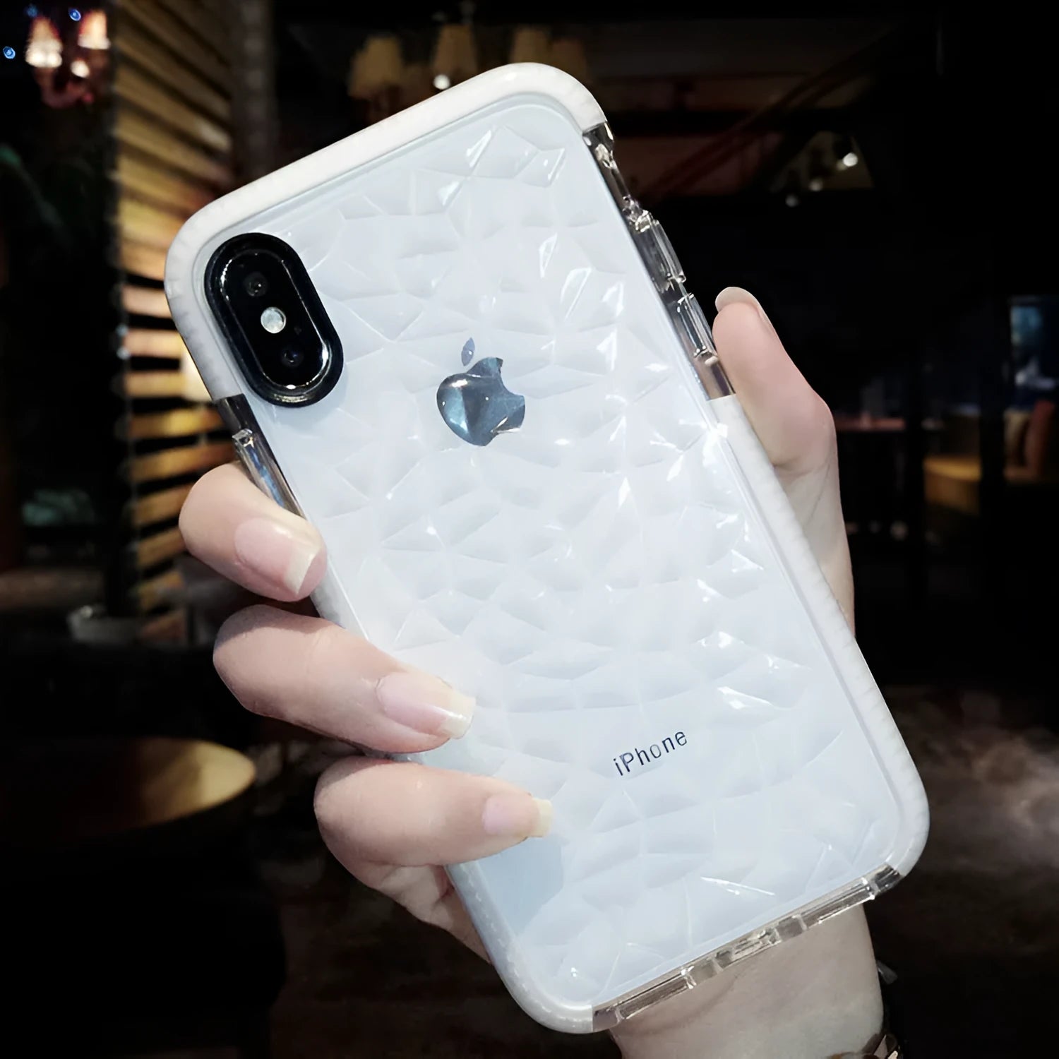 Striped TPU iPhone case showing pink, white, and black border colour options