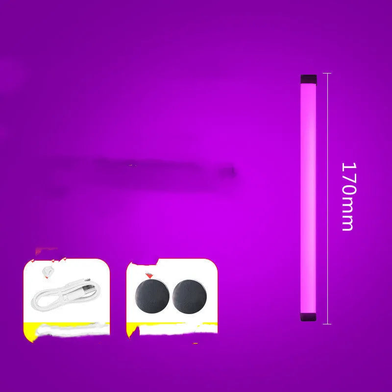 Blue and purple rechargeable dimmable LED tube stick light in 32cm length on a dark surface.