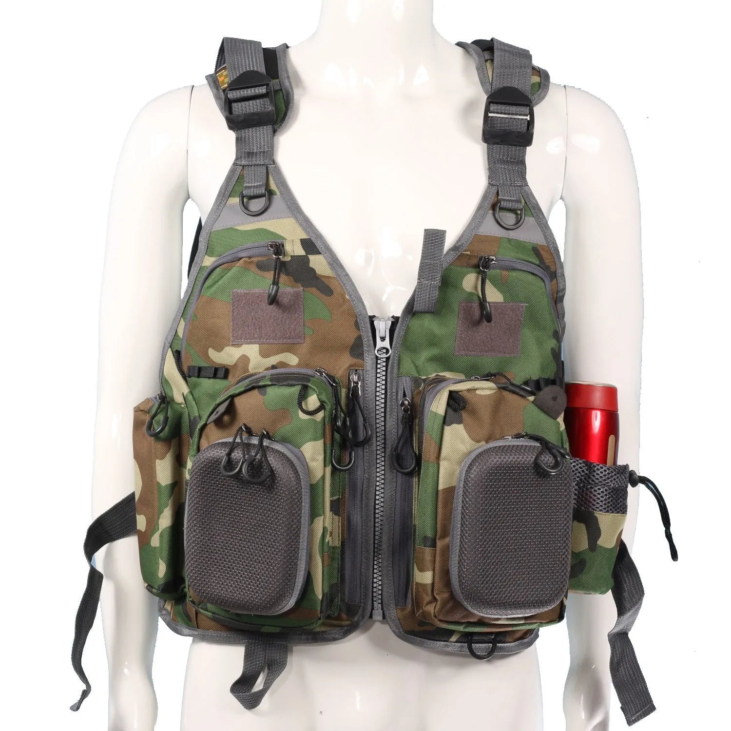 Grey fishing life jacket safety vest with multiple chest pockets and adjustable straps on mannequin