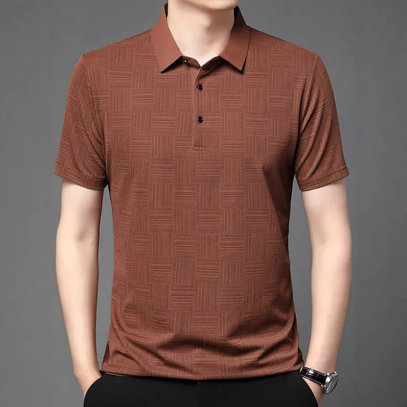 Men's slim fit lapel collar t-shirt in beige, made from a thin breathable fabric.