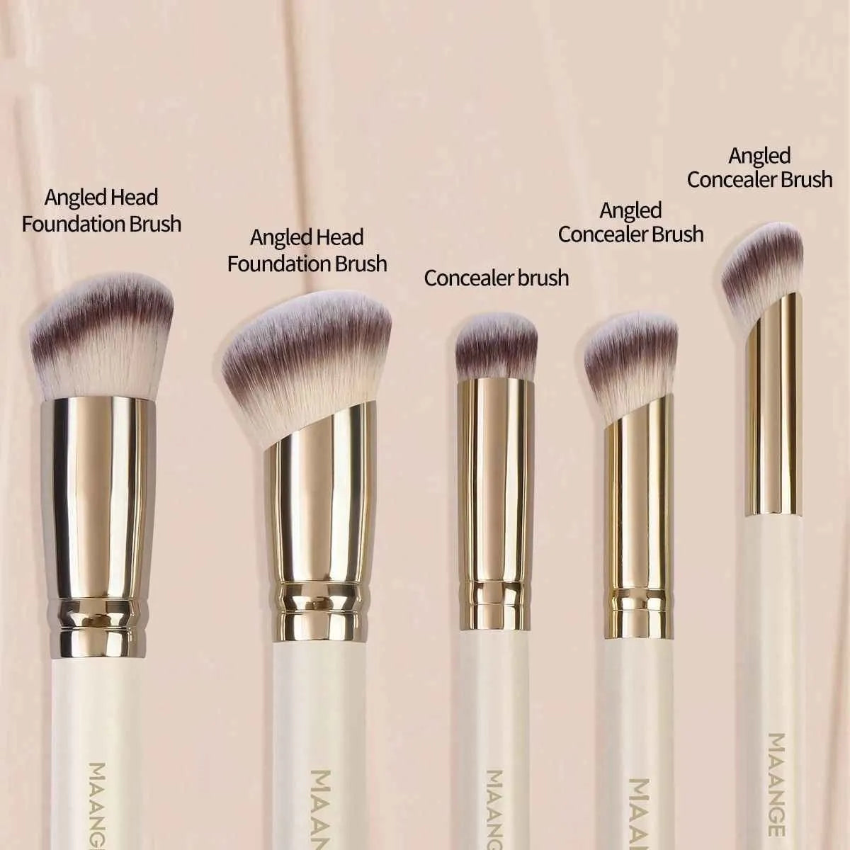 MAANGE set of five angled apricot-coloured makeup brushes with synthetic bristles for blush and contouring.