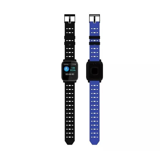 A6 colour screen smart bracelet with black silicone strap on a wrist, showing fitness data display.