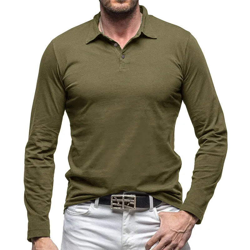 Men's dark grey long sleeve polo collar cotton t-shirt shown front on, American retro style.